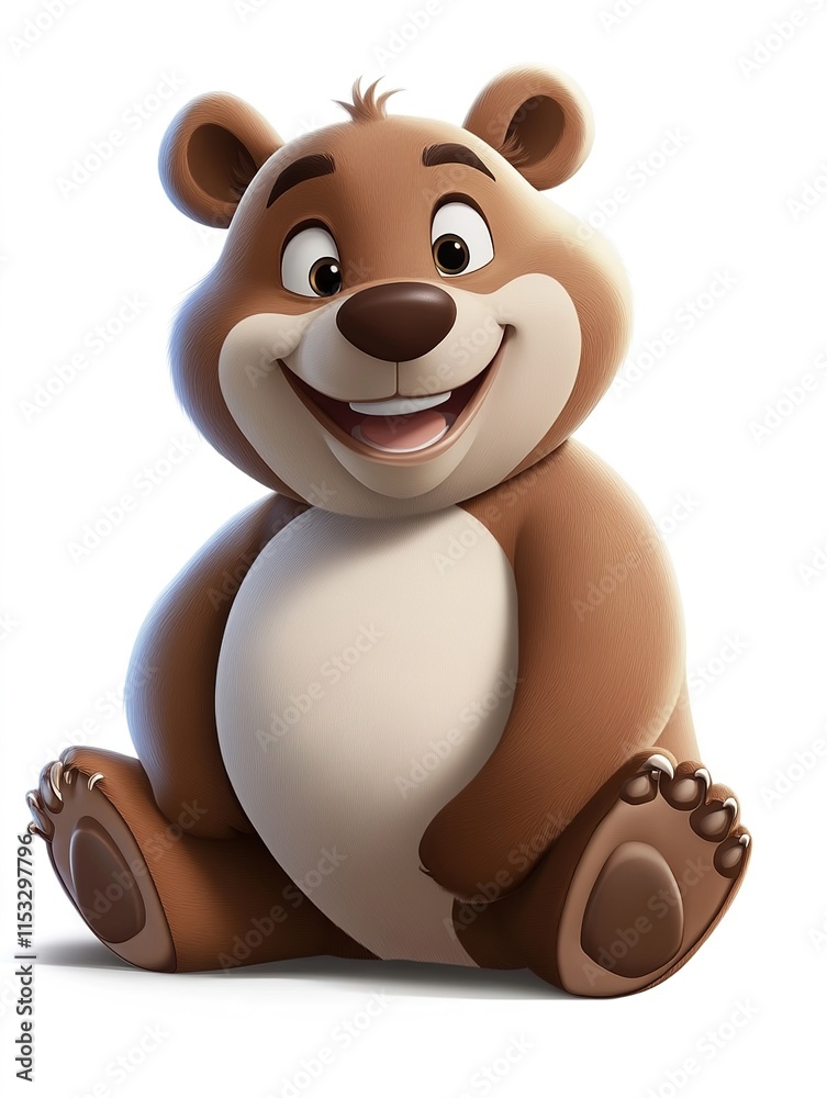 Fototapeta premium Cartoon cheerful big brown bear sitting on a white background in 3D graphics style