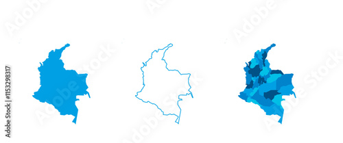 Colombia set of three maps - solid map, outline map and map highlighting administrative divisions. Three distinct maps illustrate various representations of a geographical area.