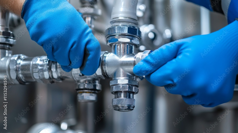Gloved Hands Working on Industrial Piping System Gloved Hands Working on Industrial Piping System