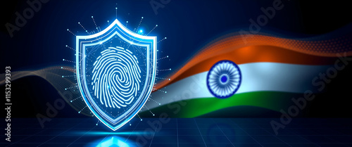 Cyber security concept, Shield icon and fingerprint with India flag connecting network protection, Cyber Security Data Protection, Information privacy antivirus defence internet technology concept.