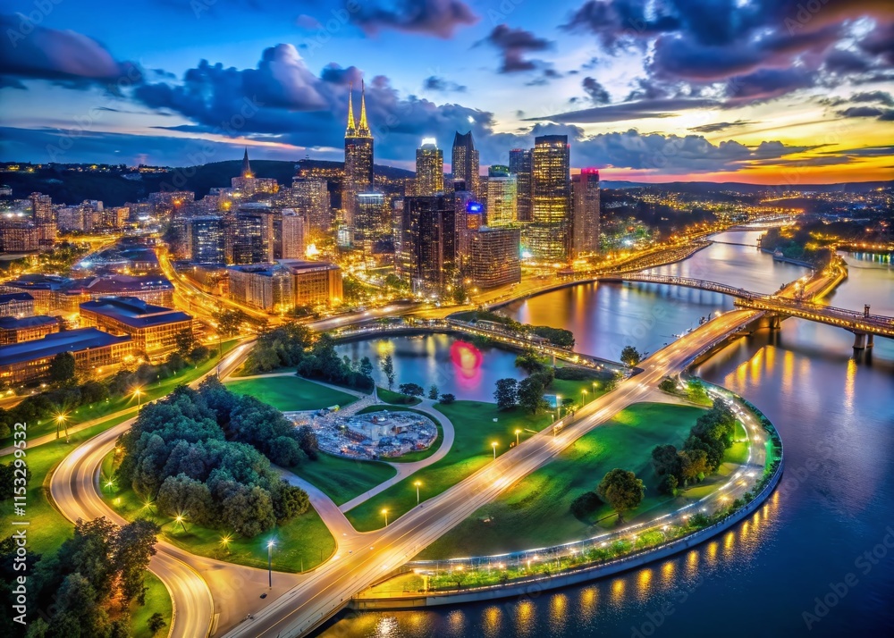 Fototapeta premium Pittsburgh City Point State Park Aerial Long Exposure Photography - Night Cityscape