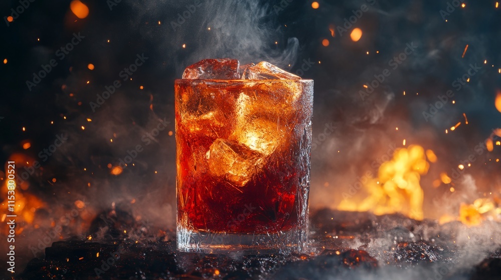 Close-up of a glass filled with a dark cocktail and ice, set against a dramatic background of fire and smoke. Perfect for beverage marketing, bar promotions, and drink advertisements.. AI Generation Close-up of a glass filled with a dark cocktail and ice, set against a dramatic background of fire and smoke. Perfect for beverage marketing, bar promotions, and drink advertisements.. AI Generation