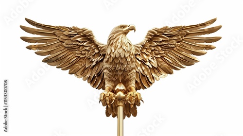 A stunning 3D gold eagle flagpole topper with detailed textures and reflections, displayed on a white background