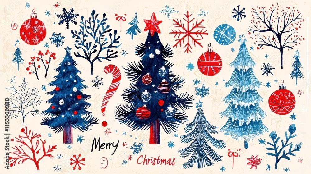 Festive Hand-Drawn Christmas Illustration with Trees, Ornaments, and Snowflakes in Vibrant Colors Festive Hand-Drawn Christmas Illustration with Trees, Ornaments, and Snowflakes in Vibrant Colors