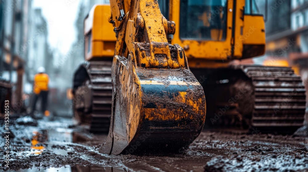 Mud covered excavator bucket during urban construction work