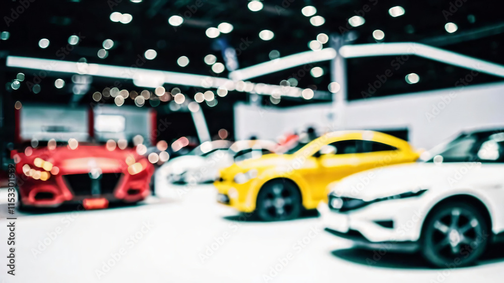 Fototapeta premium Blurred background of new cars displayed in luxury showroom with light bokeh in motor show event.