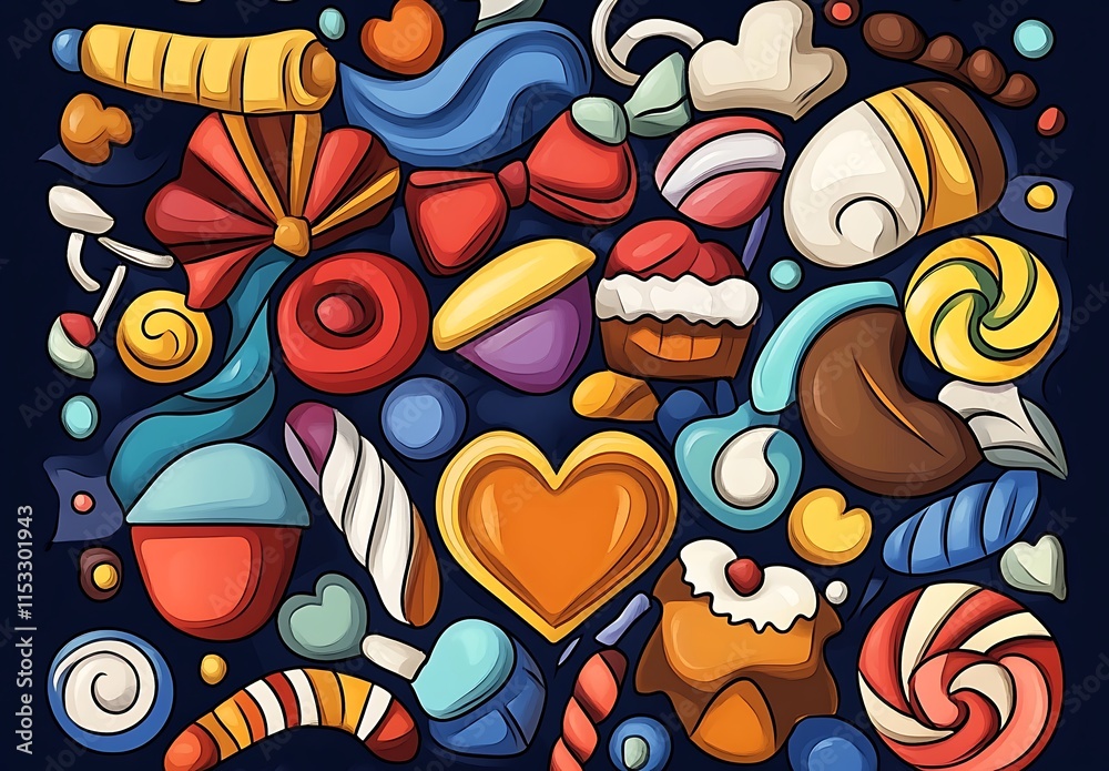 Fototapeta premium Colorful Cartoon Objects On A Black Background for Happy Valentine's Day