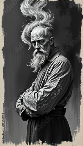 brutal old man in national dress, with long white hair, cossack warrior