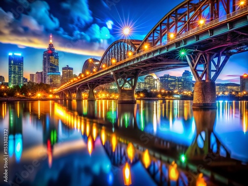 Portland Oregon Broadway Bridge Night Bokeh Lights Cityscape Stock Photo photo
