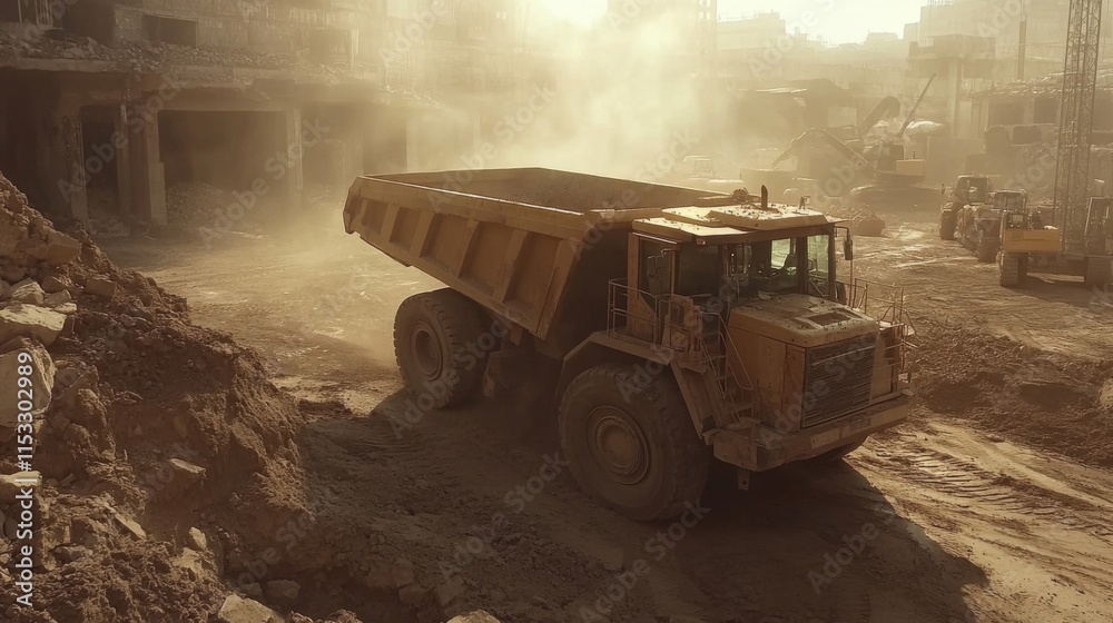 Large mining dump truck hauls debris from demolition site Large mining dump truck hauls debris from demolition site