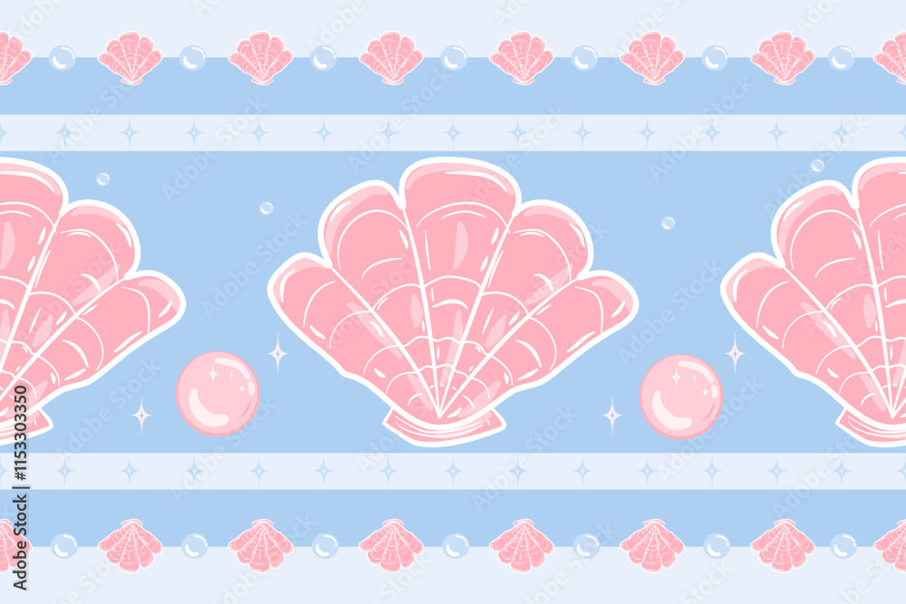 Beautiful Pink Pearls Gorgeous Shells on blue background Elegance Border Seamless Pattern Vector for Ocean Life Under the sea Design Elaborate Hand draw Sparkling abstract ornament for All Decoration Beautiful Pink Pearls Gorgeous Shells on blue background Elegance Border Seamless Pattern Vector for Ocean Life Under the sea Design Elaborate Hand draw Sparkling abstract ornament for All Decoration