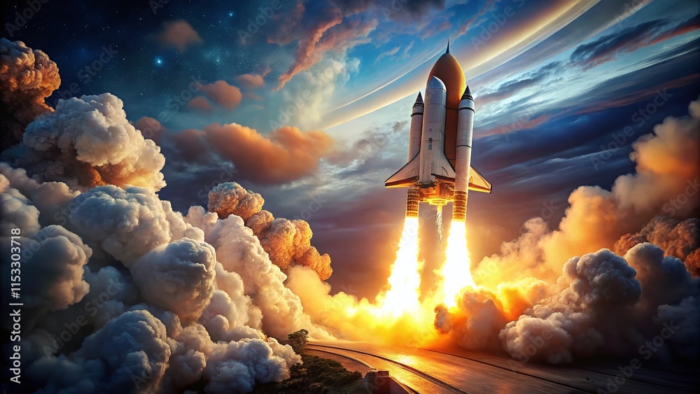 Obraz premium Powerful Rocket Launch: Dramatic Smoke Trails & Copy Space