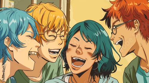 A group of four friends are laughing together.