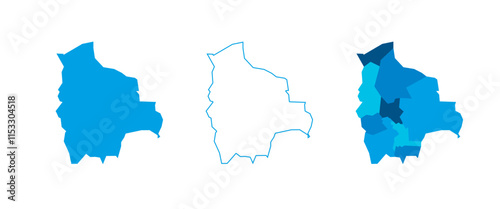 Bolivia set of three maps - solid map, outline map and map highlighting administrative divisions. Three distinct maps illustrate various representations of a geographical area.