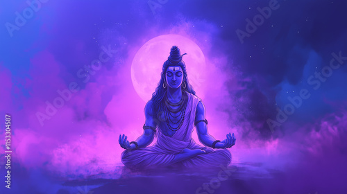 Maha Shivaratri banner with violet to light blue color gradation, featuring an image of Lord Shiva meditating with moonlight around him, Ai generated images