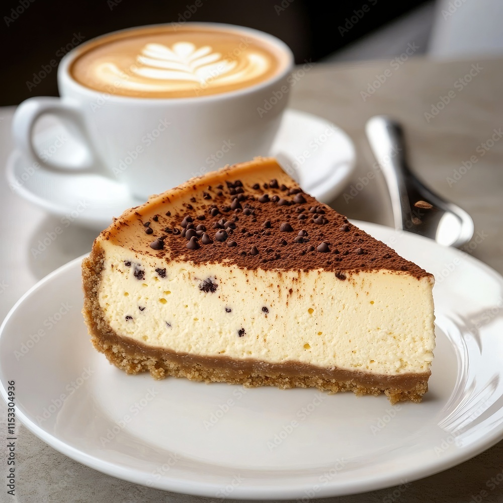 Creamy Cheesecake Slice with Chocolate Shavings, Served with Latte Creamy Cheesecake Slice with Chocolate Shavings, Served with Latte