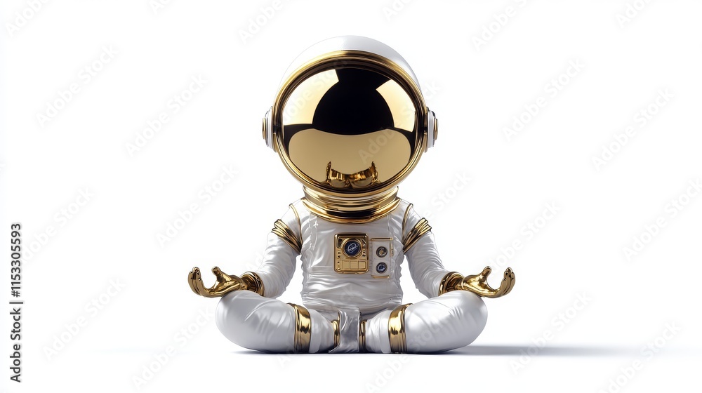 Fototapeta premium A serene scene of an astronaut in a white and gold suit, meditating in a lotus position. The minimalist white background and reflective gold helmet create a calming, futuristic vibe.. AI Generation