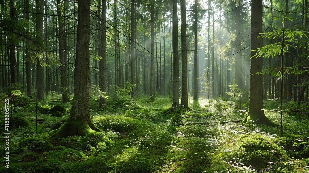 Obraz premium Sunbeams filtering through the trees in a forest.