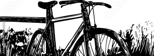 Vintage woodcut illustration of a bicycle resting against a wooden fence in a grassy landscape