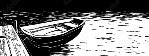 Vintage woodcut illustration of a boat anchored on calm waters near a wooden dock