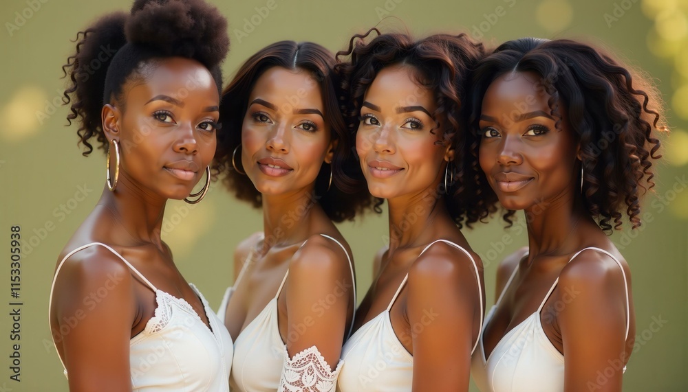 Fototapeta premium Four beautiful African American women with different hairstyles and white dresses, outdoor portrait, friendship and beauty concept