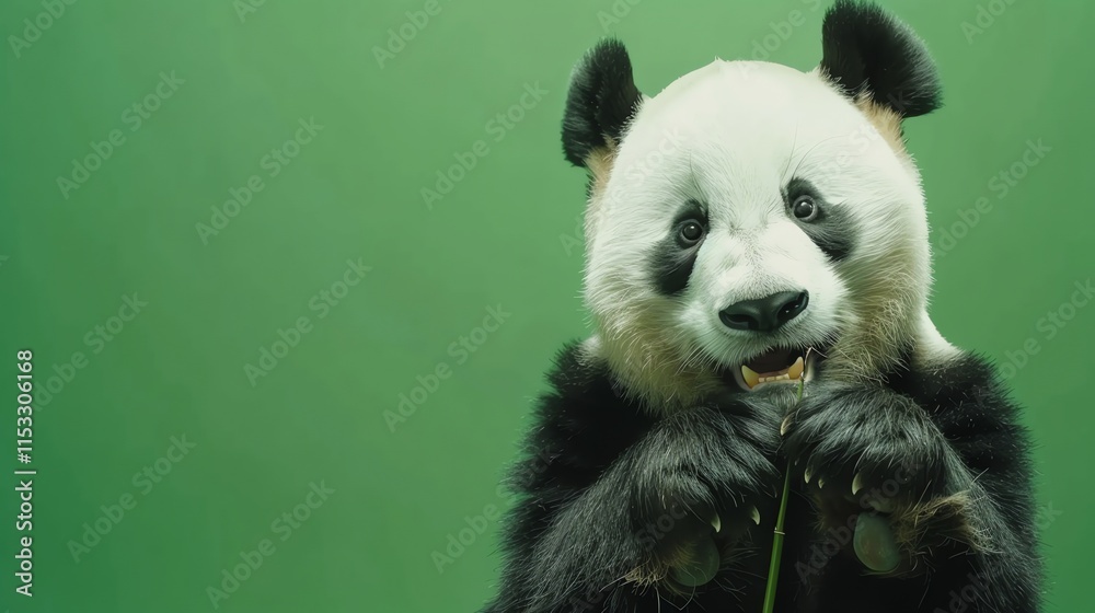 Obraz premium A panda bear eating bamboo in front of a green screen.