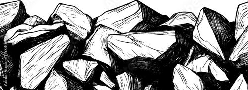 Vintage woodcut illustration depicting jagged stone texture with intricate details