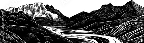 Vintage woodcut illustration depicting a serene mountainous landscape with flowing river