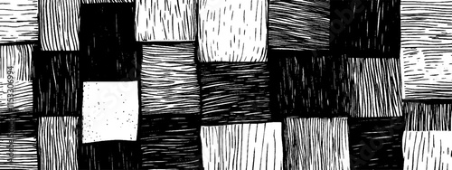 Vintage woodcut illustration of a patchwork design featuring irregular shapes and textures