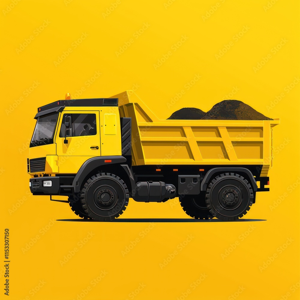 Yellow dump truck, side view, full of dark soil, against a solid yellow background. Yellow dump truck, side view, full of dark soil, against a solid yellow background.