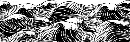 Vintage woodcut illustration showcasing repetitive ocean waves in intricate detail