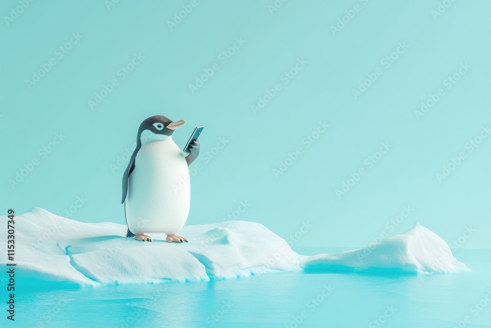 Fototapeta premium A penguin is holding a cell phone in its beak