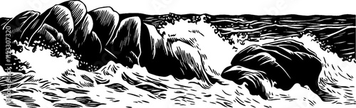 Vintage woodcut illustration capturing the power of waves crashing against a rocky cliff