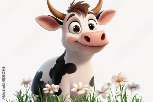 cartoon cow with a smile on a white isolated background in 3D graphics style photo