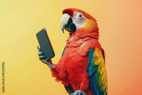 A colorful parrot holding a cell phone in its beak photo