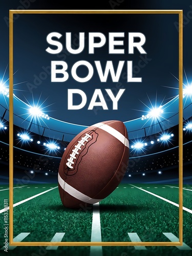 A poster with text super bowl day football in stadium