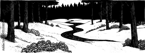 Winding creek flows through a tranquil landscape in vintage woodcut illustration