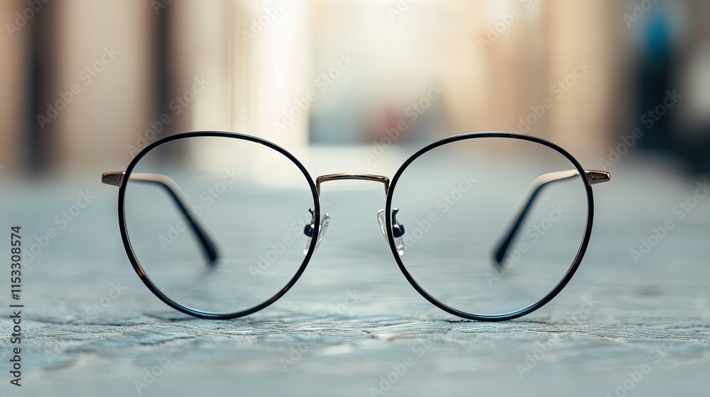 Stylish Round Glasses on a Stone Surface in Soft Focus Background Stylish Round Glasses on a Stone Surface in Soft Focus Background