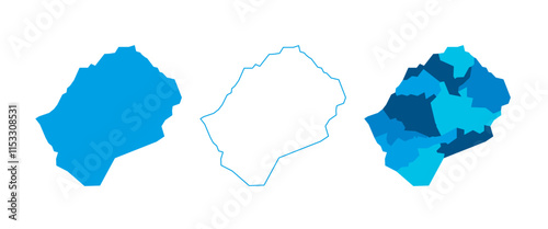 Lesotho set of three maps - solid map, outline map and map highlighting administrative divisions. Three distinct maps illustrate various representations of a geographical area.