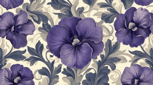 A bold, symmetrical design featuring purple flowers in a tiled pattern, creating a visually striking floral motif.