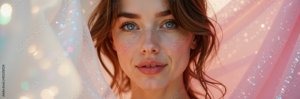 Close up portrait of a beautiful woman with blue eyes, freckles and a pink sparkling fabric, delicate and dreamy atmosphere, could be used for beauty or feminine related content. Close up portrait of a beautiful woman with blue eyes, freckles and a pink sparkling fabric, delicate and dreamy atmosphere, could be used for beauty or feminine related content.