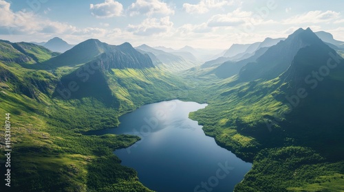 A breathtaking aerial view of a serene mountain lake surrounded by lush green valleys, offering a peaceful and majestic landscape.