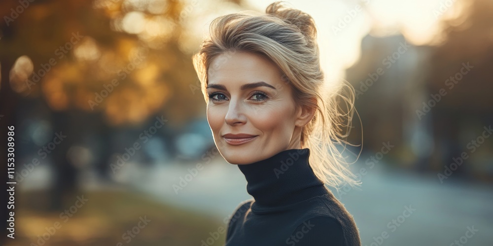 A fashionable woman in her 40s showcases chic elegance while wearing a turtleneck, perfectly embodying style and sophistication. A fashionable woman in her 40s showcases chic elegance while wearing a turtleneck, perfectly embodying style and sophistication.