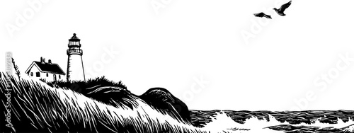 Vintage woodcut illustration of a coastal lighthouse by a secluded island