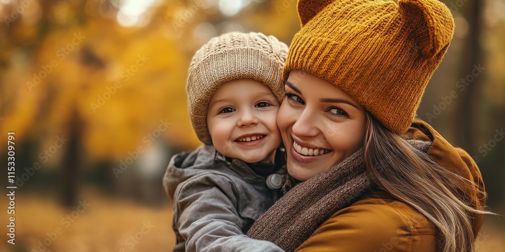 Fototapeta premium Joyful young family enjoying a beautiful autumn nature stroll. The mother, in an ear flapped hat, engages with her son in a doctor game. The little boy smiles, embodying the family concept.