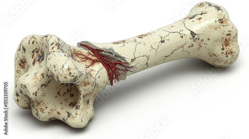 A fractured bone with exposed blood vessels. Ideal for medical presentations, educational materials, or anatomical illustrations depicting bone fractures.