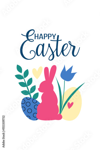 Happy Easter greeting card. Set of cute Easter design elements: bunny, spring flowers, eggs on white background