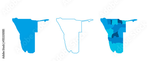 Namibia set of three maps - solid map, outline map and map highlighting administrative divisions. Three distinct maps illustrate various representations of a geographical area.