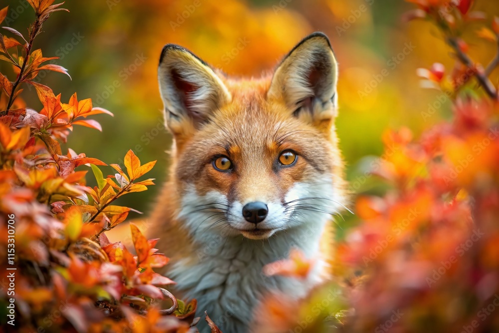 Fototapeta premium Red Fox Hiding in Bush, Close-up with Bokeh - Wildlife Photography