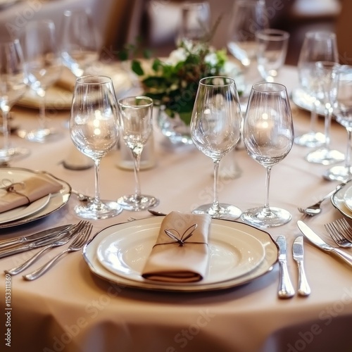 Beautifully organized event - round served table banquet ready for guests, round decorated table with empty plate, glasses, forks, napkin. Elegant dinner table 